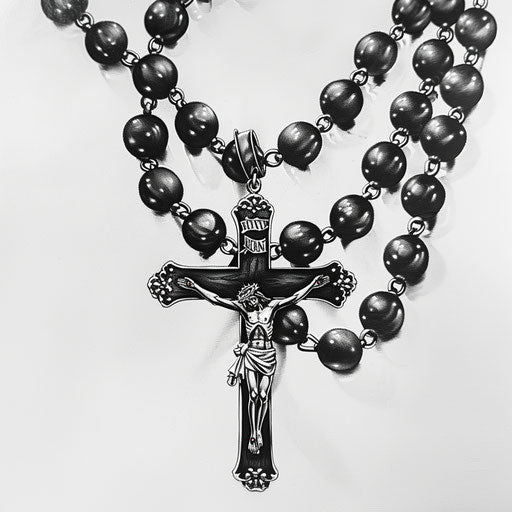 Realistic rosary tattoo, beads texture and metal cross