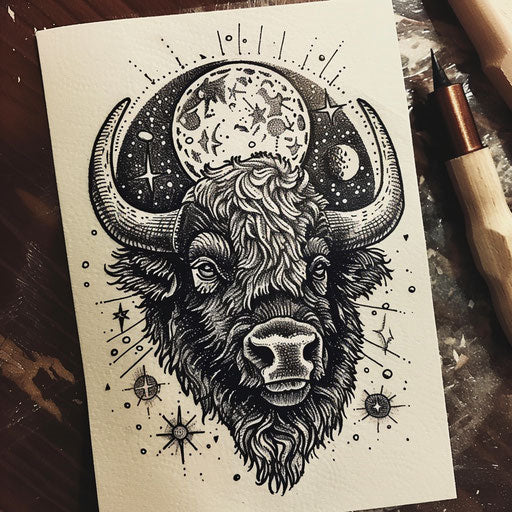 Flat tattoo sketch of a bison with celestial motifs and starry night background