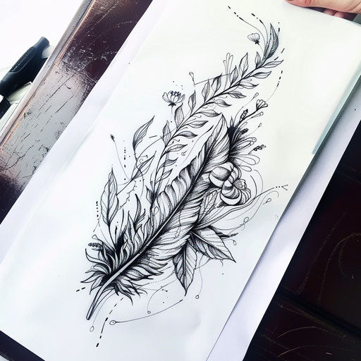 Sketch of feather tattoo with nature elements on white background