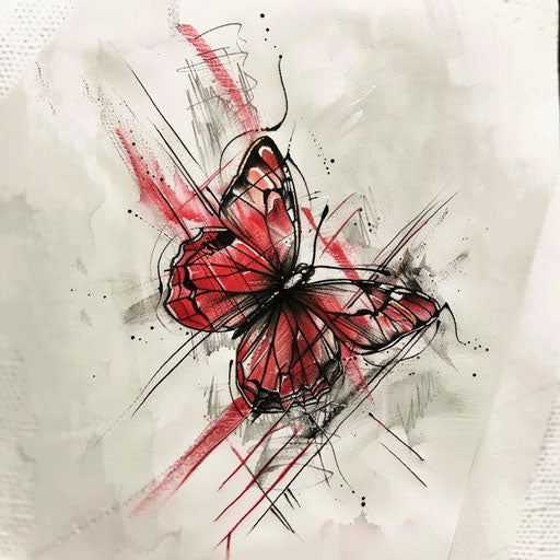Elegant tattoo sketch of a red butterfly with soft pastel shades and abstract background
