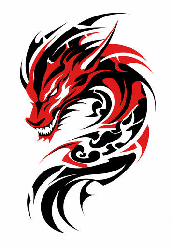 Red and black dragon tattoo design on white background