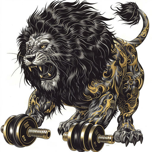Bold sketch of a roaring lion with barbells in its paws, in black and gold, clipart style