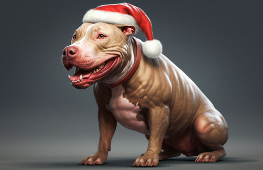 Under Santa's light crimson and light brown pit bull