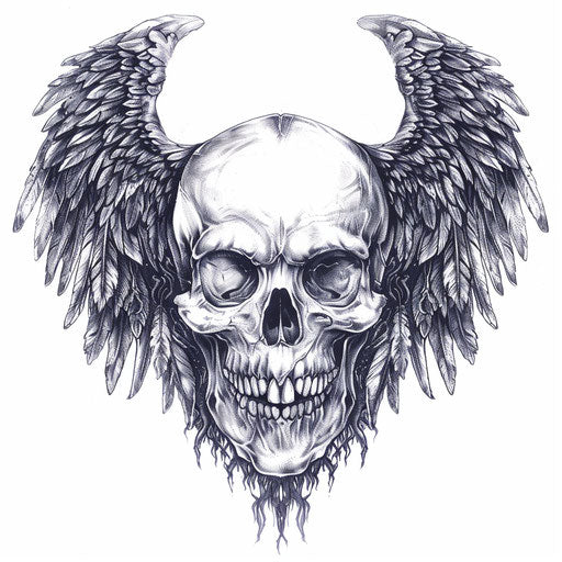 Skull tattoo with angel wings on pure white background