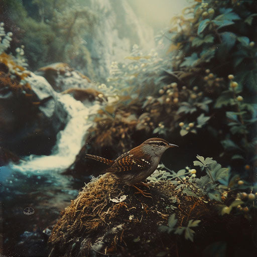 Wren bird by a babbling brook