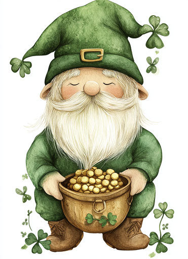 St. Patrick's Day gnome with pot of gold and shamrocks in the style of Artgerm