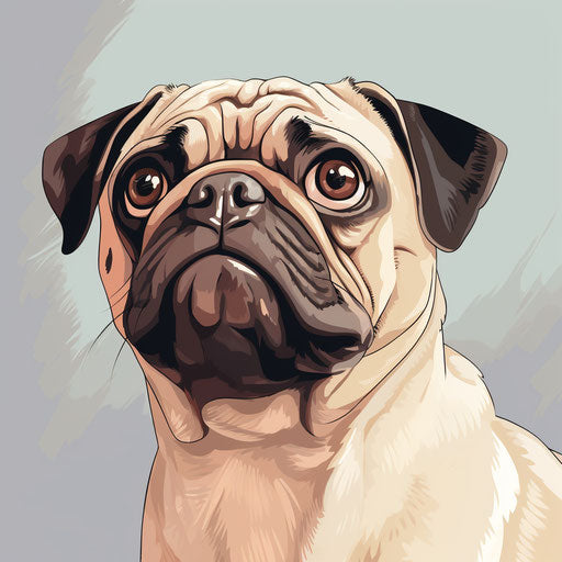 Pug dog on white background, Matt Bors style, light maroon, light beige
