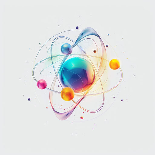 Realistic atom clipart on flat white background, vibrant colors