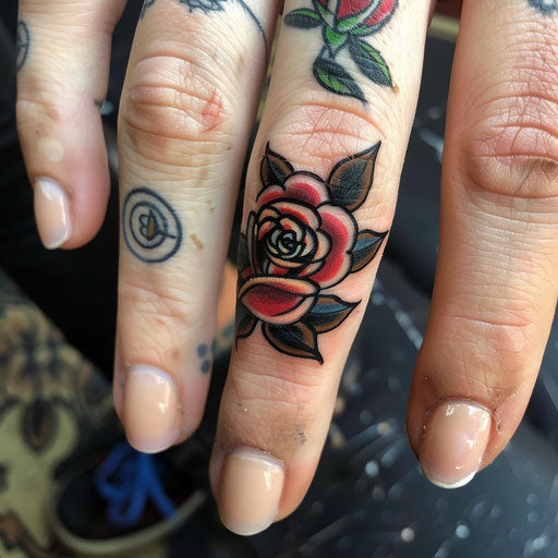 Ring tattoo of a classic rose on the finger