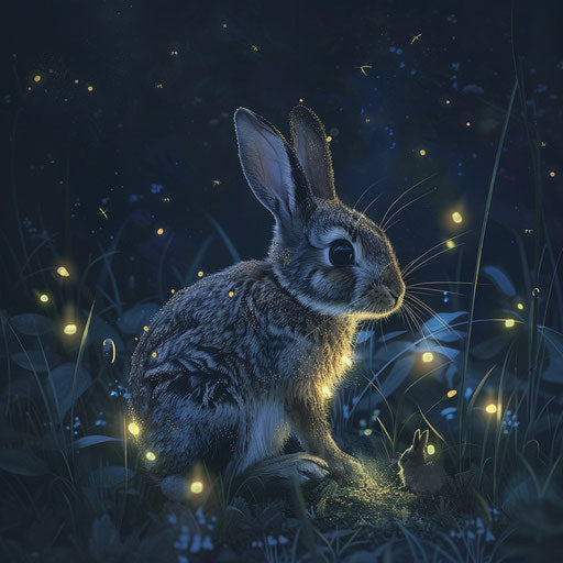 Rabbit illuminated by fireflies at night, a magical fairy tale.
