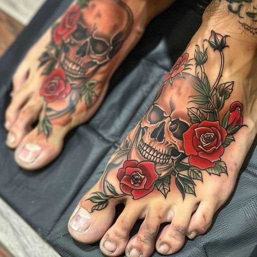 Foot tattoos in the style of Ed Hardy with roses and skulls