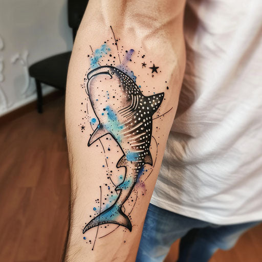 Artistic flat tattoo sketch of a whale shark with watercolor splashes representing the sea
