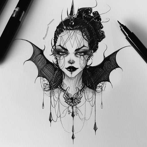 Stylish flat tattoo sketch of a vampire with Art Deco flair