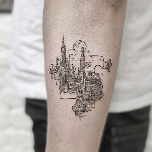 Hyper-detailed puzzle piece tattoo with urban microcosm