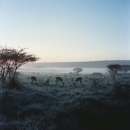 Quiet dawn in the Serengeti with gazelles sipping in dew-covered grassland