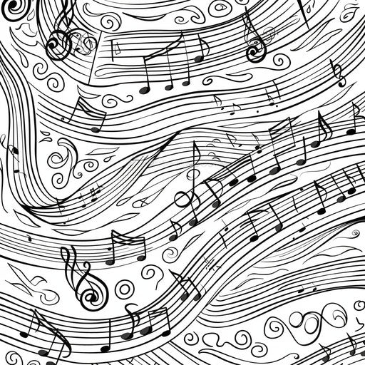 Sheet music with flowing notes and staves. Coloring page