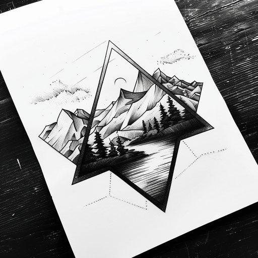 Conceptual black and gray shaded triangle tattoo with mountain landscape
