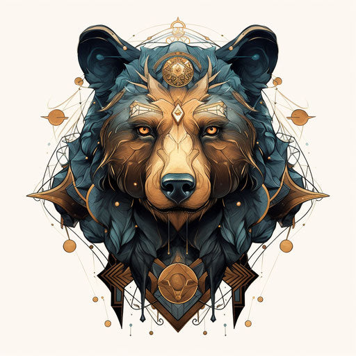 Bear with headstock design, alchemical symbolism, geometric symmetry, celestialpunk, serene faces, mystical realms