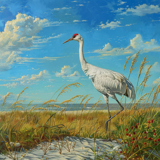 Untouched coastal habitat of a crane, sand dunes, blue sky