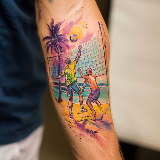 Dynamic beach volleyball scene on white background