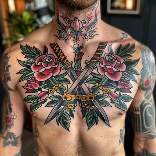 Men's chest tattoo of traditional roses and daggers