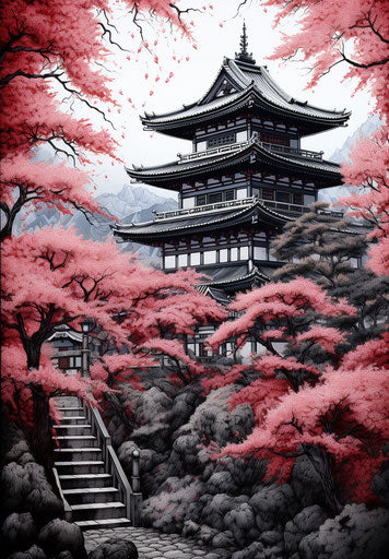Japanese landscape painting in intricate black and white style