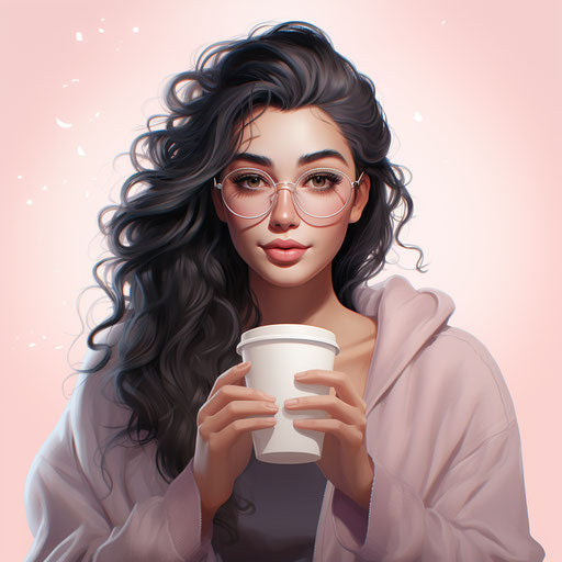 Girl in glasses drinking from a cup, warm realistic style
