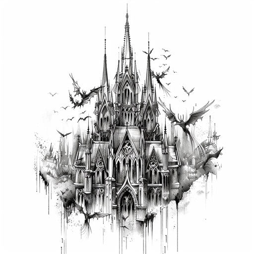 Gothic cathedral with flying gargoyles, dark and moody tattoo design on white background