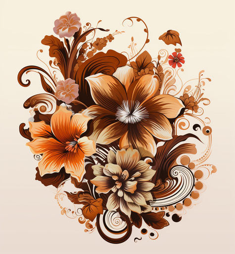 Brown flowers in Indian tattoo style, hyper-detailed