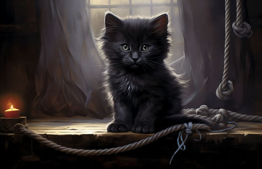 Black kitten sitting on a rope on a table, tesseract style, cute, 1st version