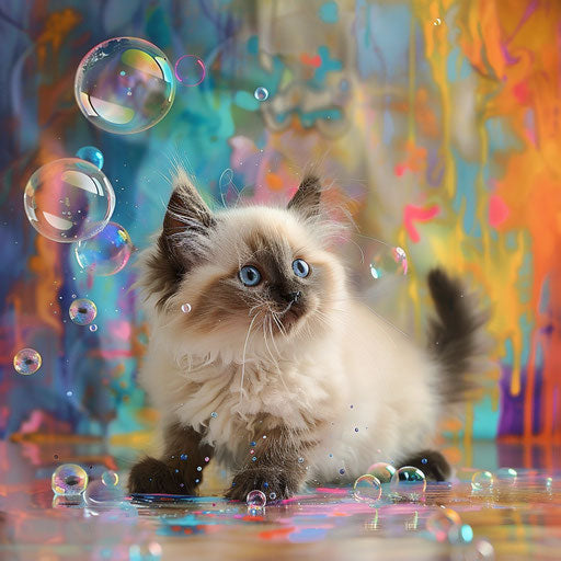 Himalayan kitten playing with bubbles in a colorful room