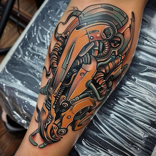 Biomechanical tattoo with a cartoonish flair, in the style of Steve Sack