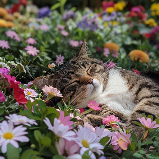 Fatcat in a flower bed with beautiful flowers