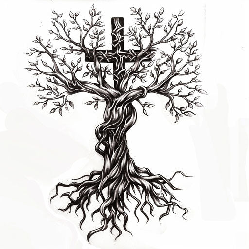 A merging of strength cross tattoo with tree of life