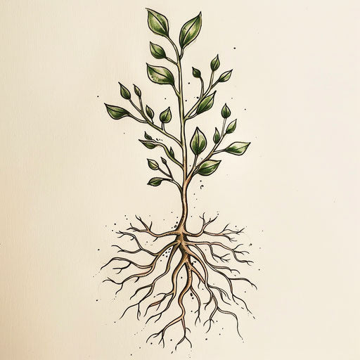 Nature-inspired flat tattoo sketch of a root system with green leaves and small buds
