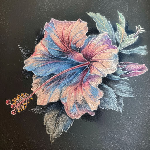 Drawing of hibiscus tattoo design with pastel colors on white chalkboard