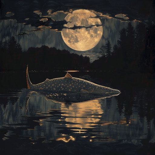 Silhouette of the white sturgeon under the full moon