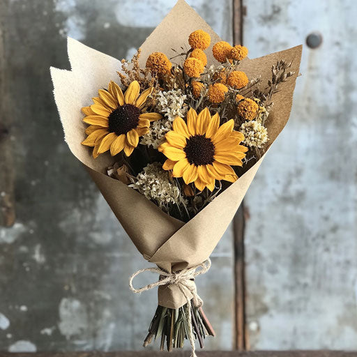 Vintage-style dried autumn bouquet in brown paper