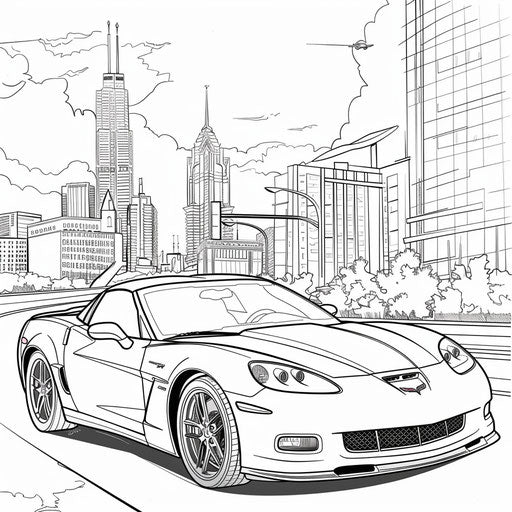 Corvette car in cityscape with tall buildings in the background