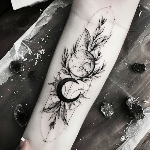 Bold and dark flat tattoo sketch with a sage wreath encircling a moon phase