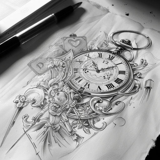 Sketch for tattoo, pocket watch and card soldiers