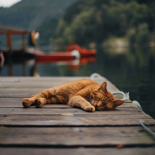 Brown cat lying on a dock
