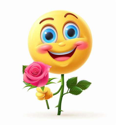 Vector illustration of yellow smile holding pink rose
