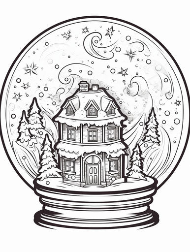 Snowglobe coloring page, webcam style, joyful and optimistic