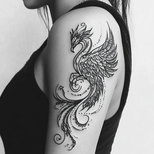 Women's upper arm tattoo with bold tribal phoenix design