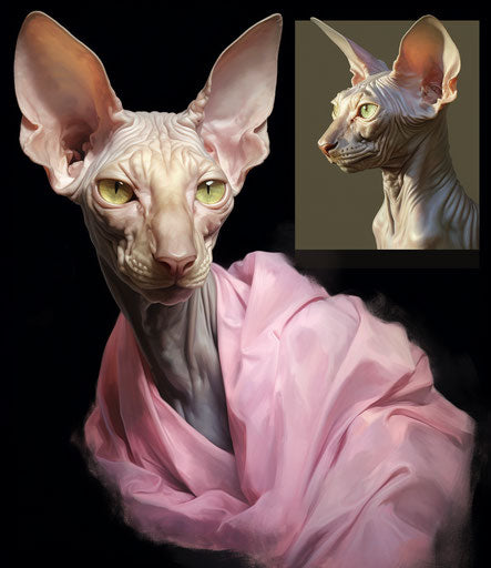 Four sphynx cat images, artistic style, dark silver & light magenta