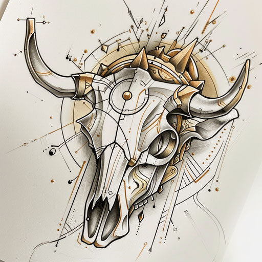Luxurious tattoo sketch of a cow skull with art deco elements and metallic bronze details