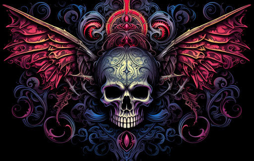 Skull with gothic wings and bats, ornate design style