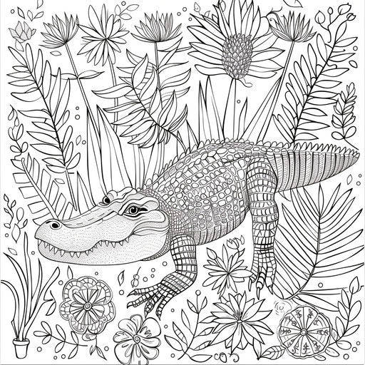 Crocodile in the midst of jungle plants, detailed patterns. Coloring page