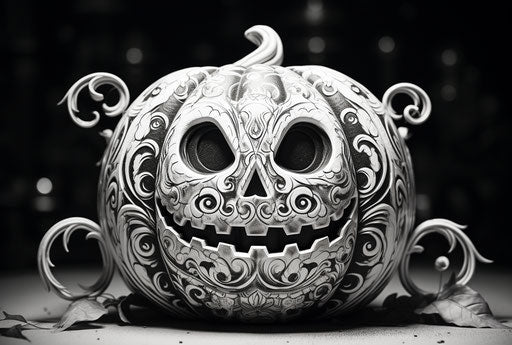 Halloween pumpkin with ornate pattern, black and white ink drawing style